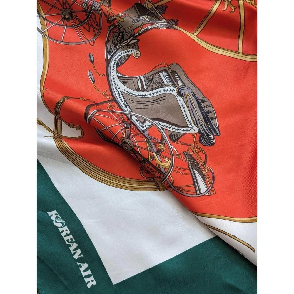 Korean Air Vintage 1980s‎ Equestrian Carriage Print Square Scarf Red Green 34